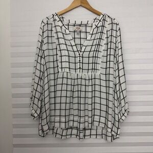 Wrangler Womens XXL White Black Grid Plaid V-Neck 3/4 Sleeve Viscose Blouse Top
